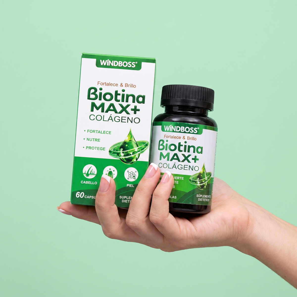 Biotina Max+ Colágeno de Sumavia — caja y frasco de 60 cápsulas