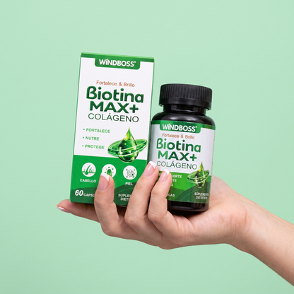 Biotina Max+ Colágeno de Sumavia — caja y frasco de 60 cápsulas