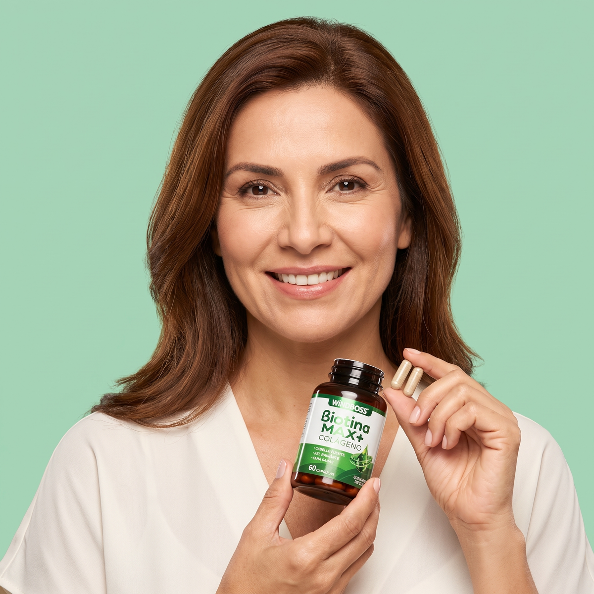 Mujer sosteniendo Biotina Max+ Colágeno de Sumavia — 60 cápsulas