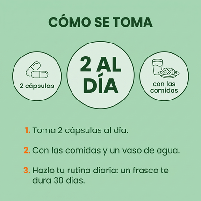 Cómo se toma Biotina Max+ Colágeno: 2 cápsulas al día con las comidas